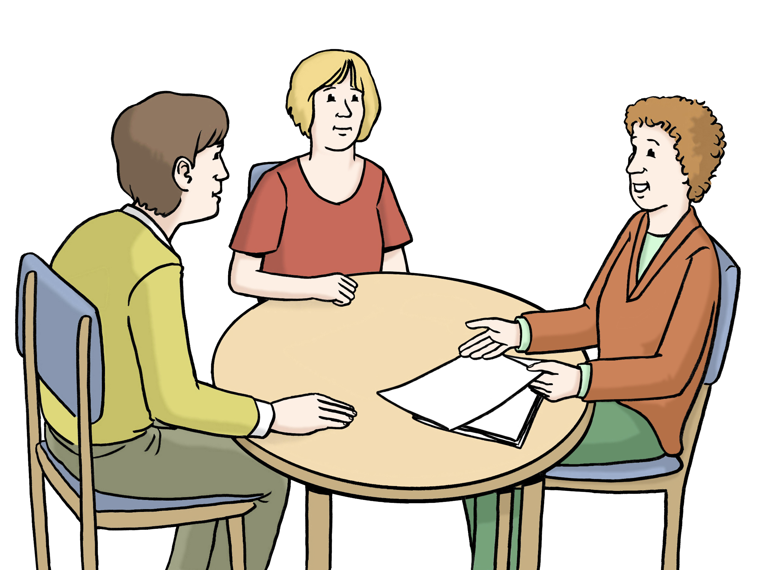 Leichte Sprache Bild: Drei Menschen an einem Tisch, rechts eine Frau mit Dokumenten vor sich, sie spricht