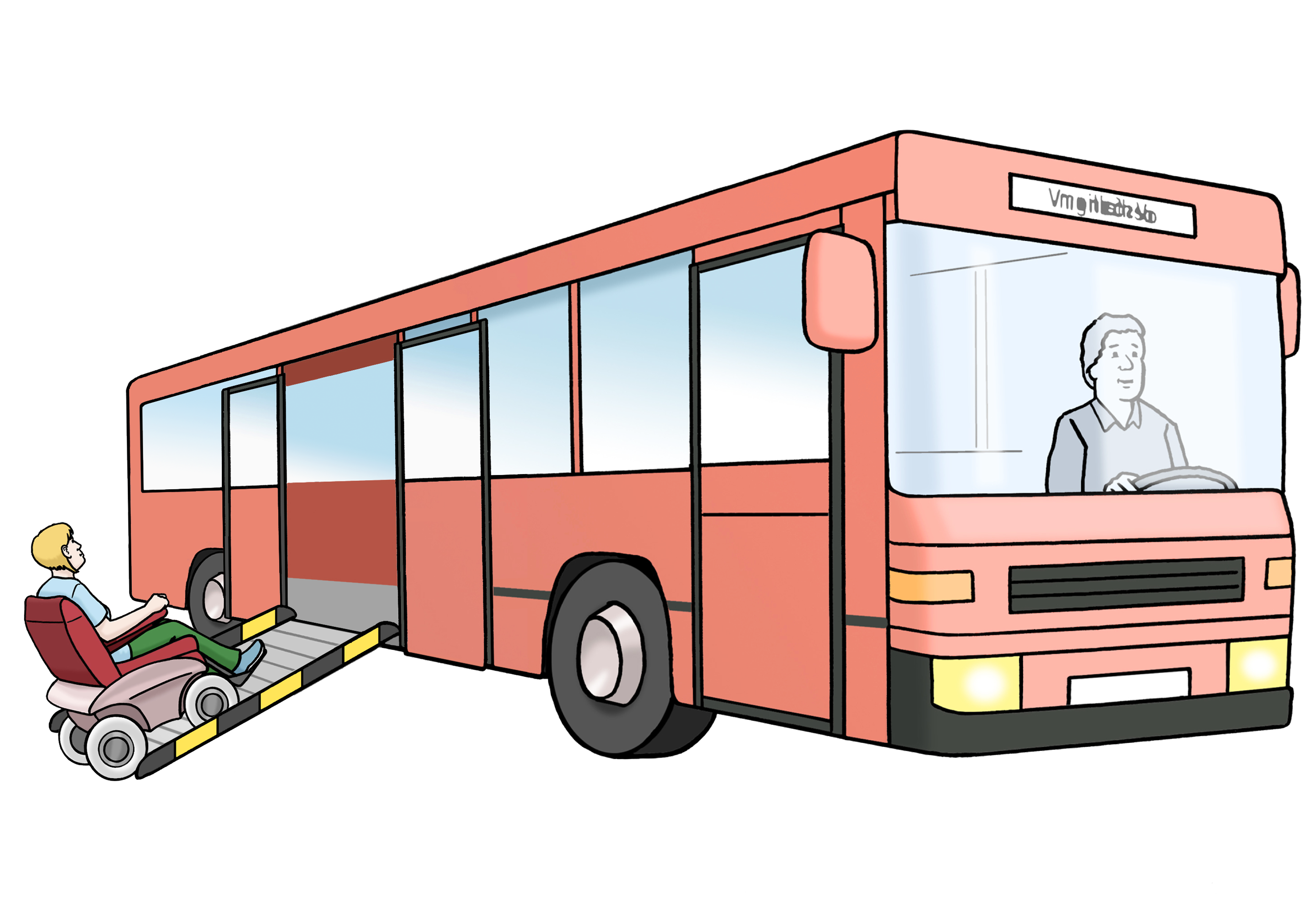 Leichte Sprache Bild: Ein Bus mit einer Rollstuhlrampe, auf der Rampe eine Person im Rollstuhl