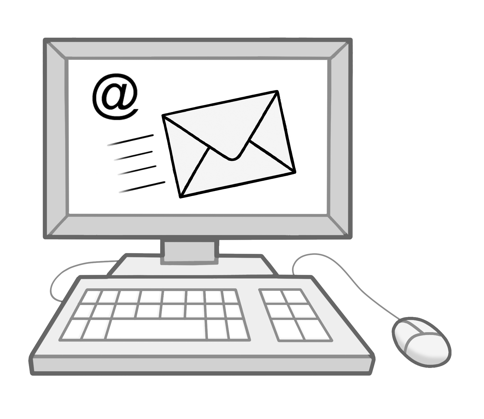 Leichte Sprache Bild: Ein Computer, auf dem Bildschirm ein Briefumschlag und ein @ Zeichen