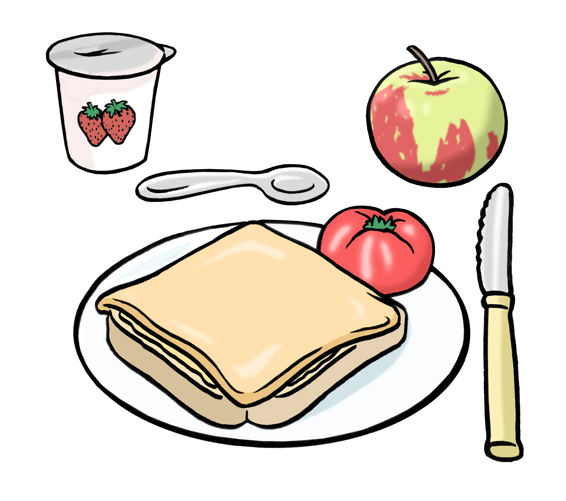 Leichte Sprache Bild: Ein Teller mit einem Sandwich, daneben eine Tomate, ein Apfel und ein Joghurt