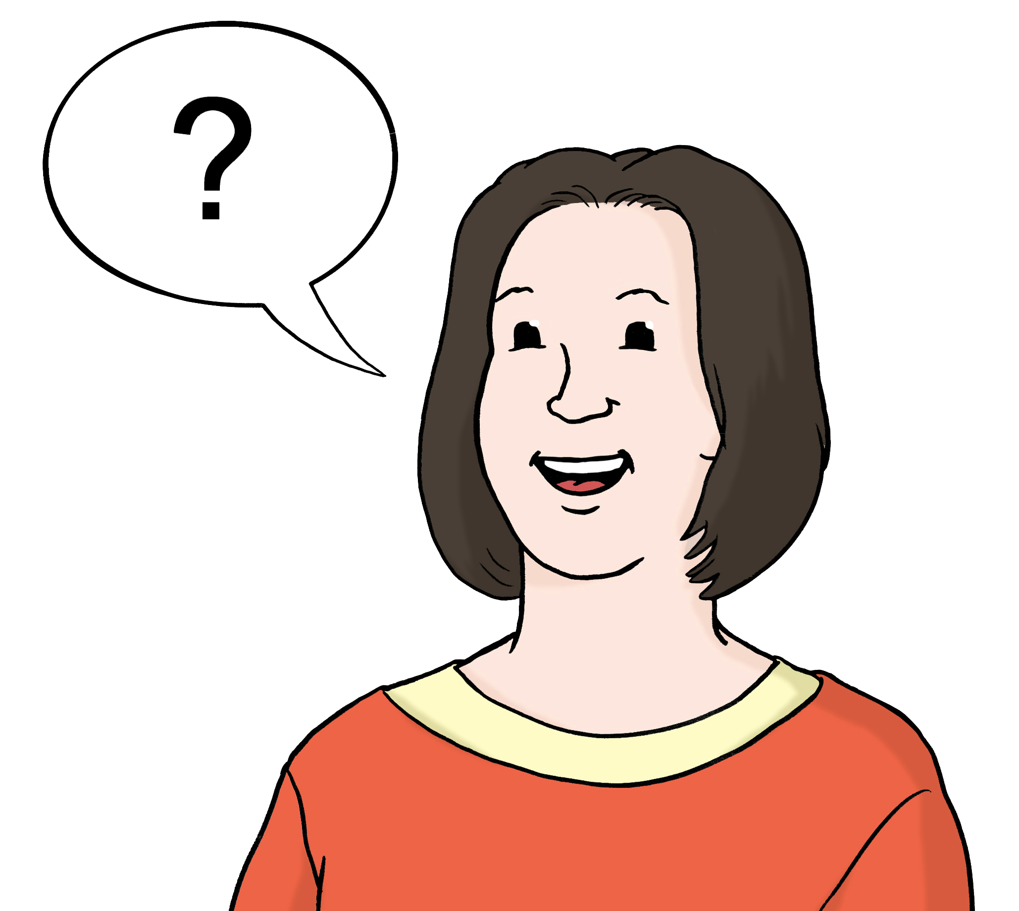 Leichte Sprache Bild: Eine Frau mit einer Denkblase mit Fragezeichen