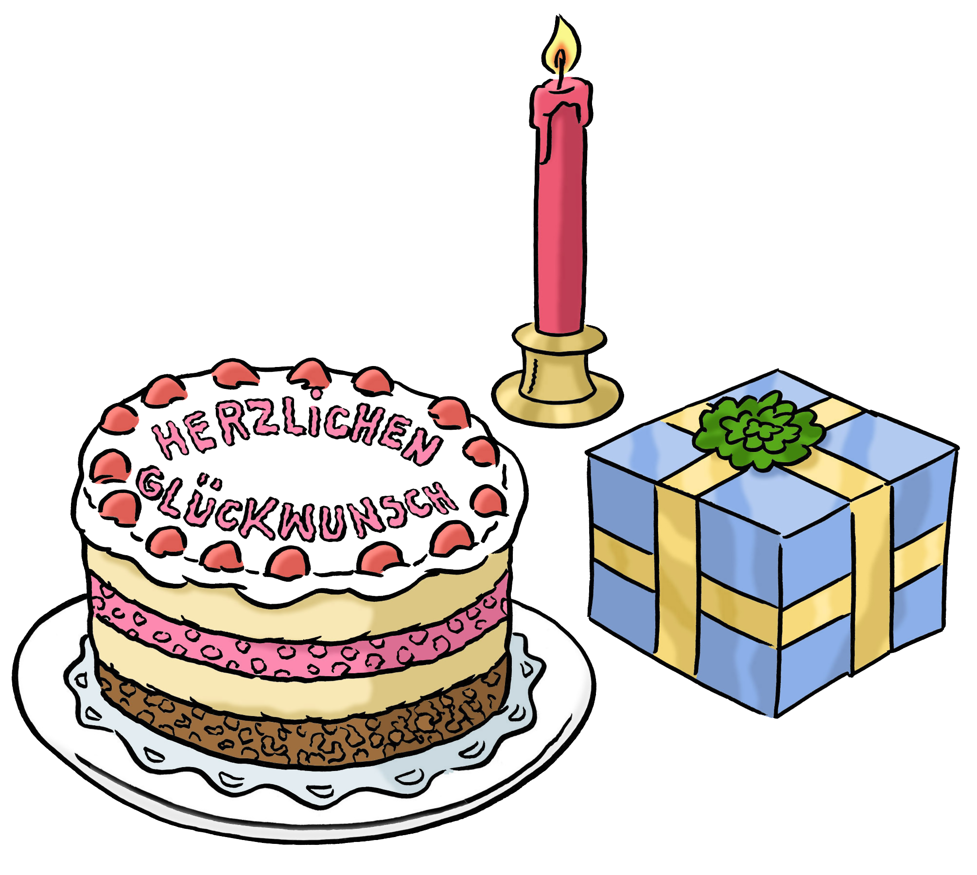 Leichte Sprache Bild: Ein Geburtstagskuchen, eine angezündete Kerze und ein Geschenk