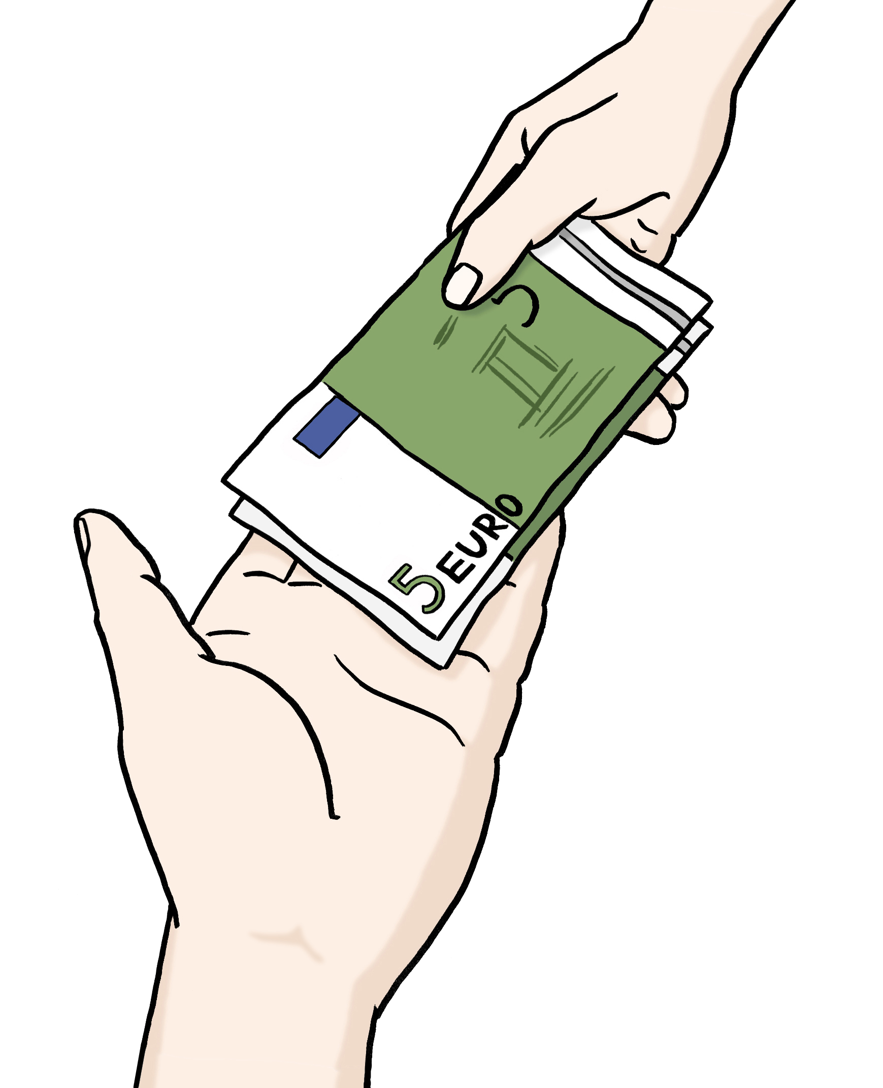 Leichte Sprache Bild: eine Hand gibt einer anderen Hand mehrere Geldscheine