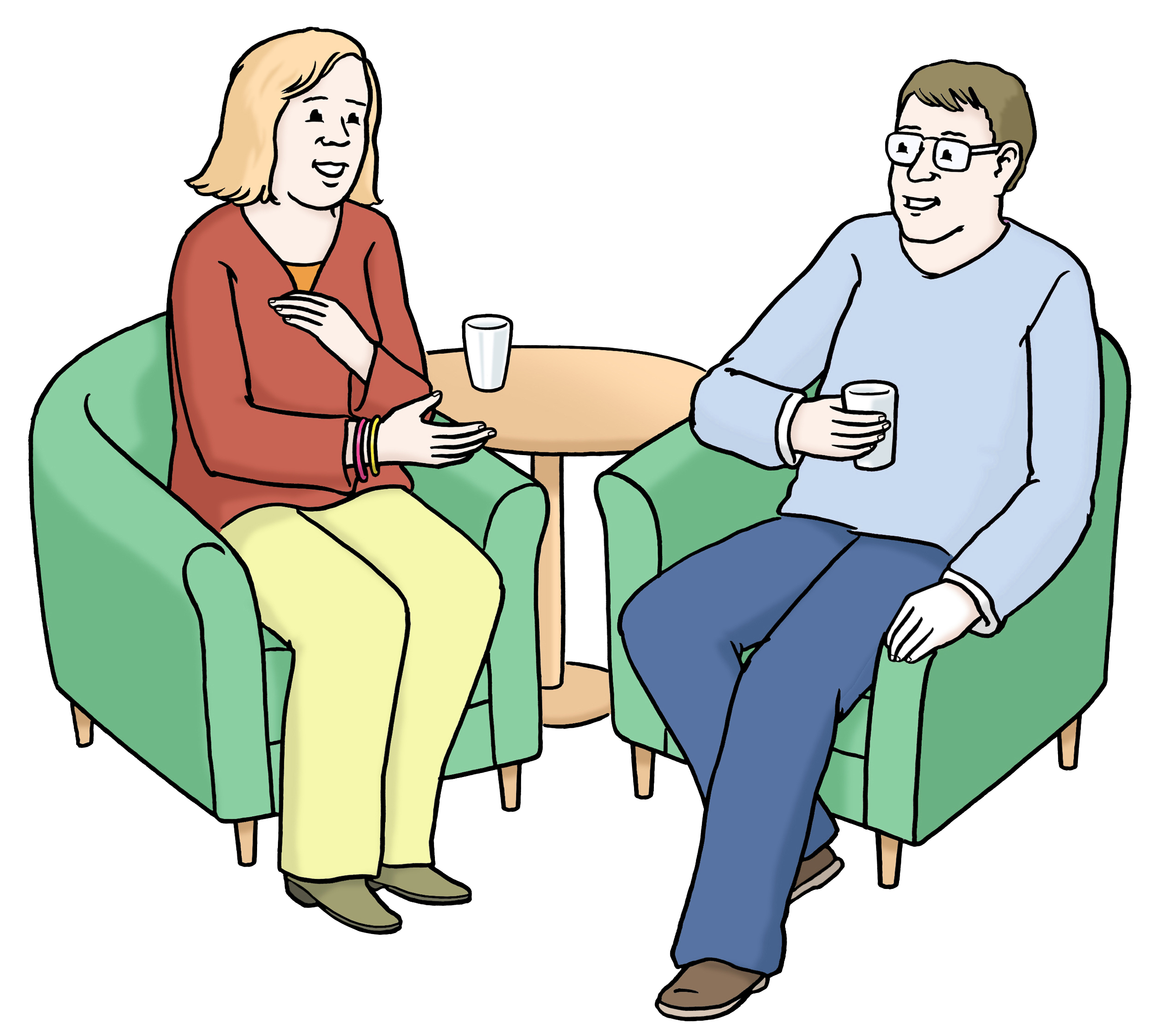 Leichte Sprache Bild: Zwei Personen sitzen einander zugewandt in Sesseln und unterhalten sich