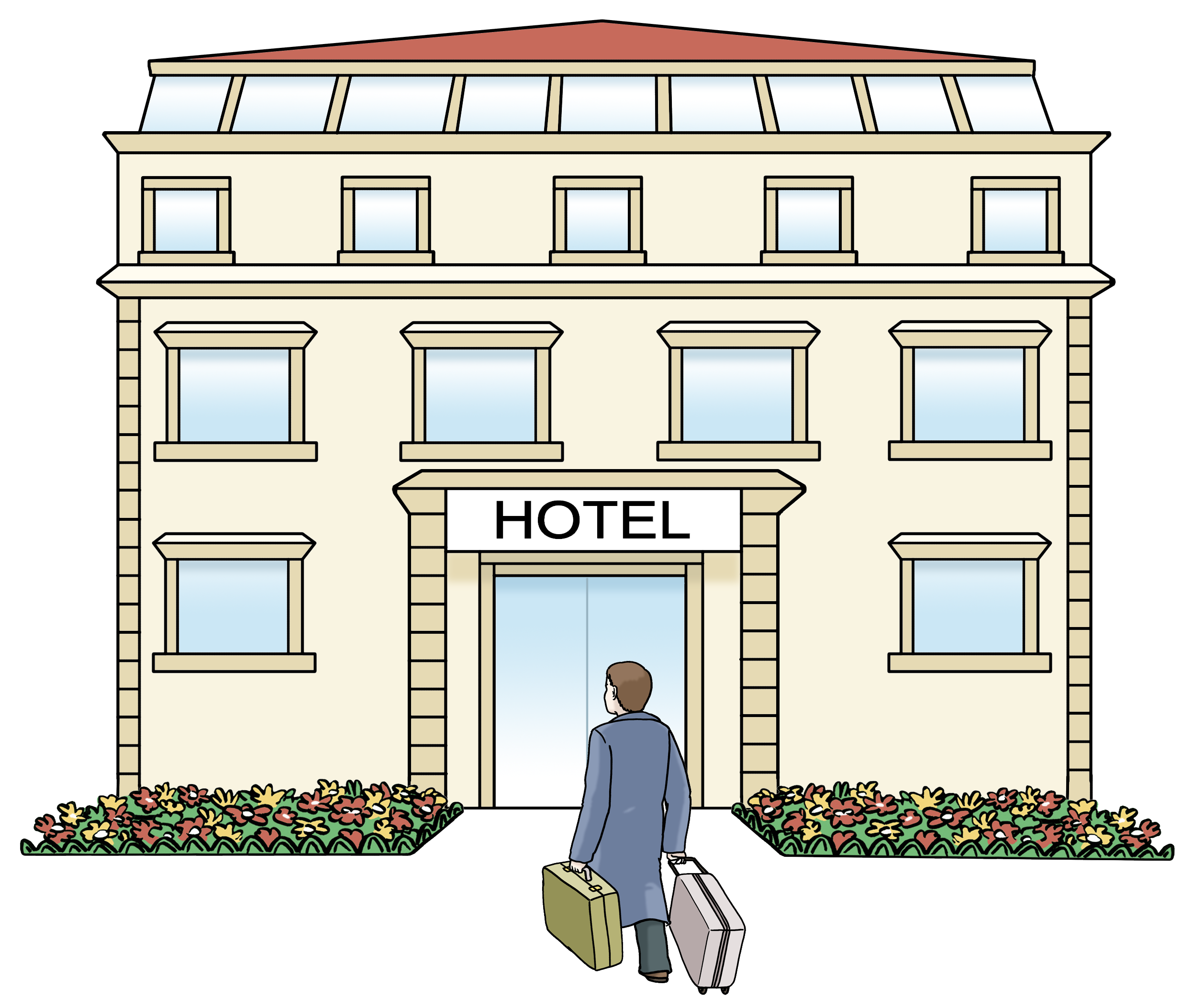 Leichte Sprache Bild: Ein Mensch mit Koffern betritt ein Hotel
