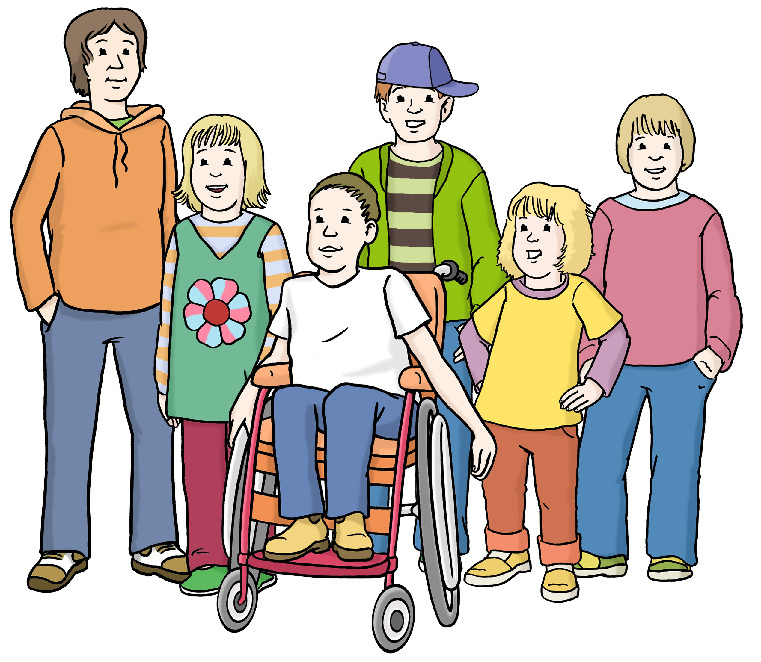 Leichte Sprache Bild: Kinder in verschiedenem Alter stehen als Gruppe zusammen, darunter ein Kind im Rollstuhl
