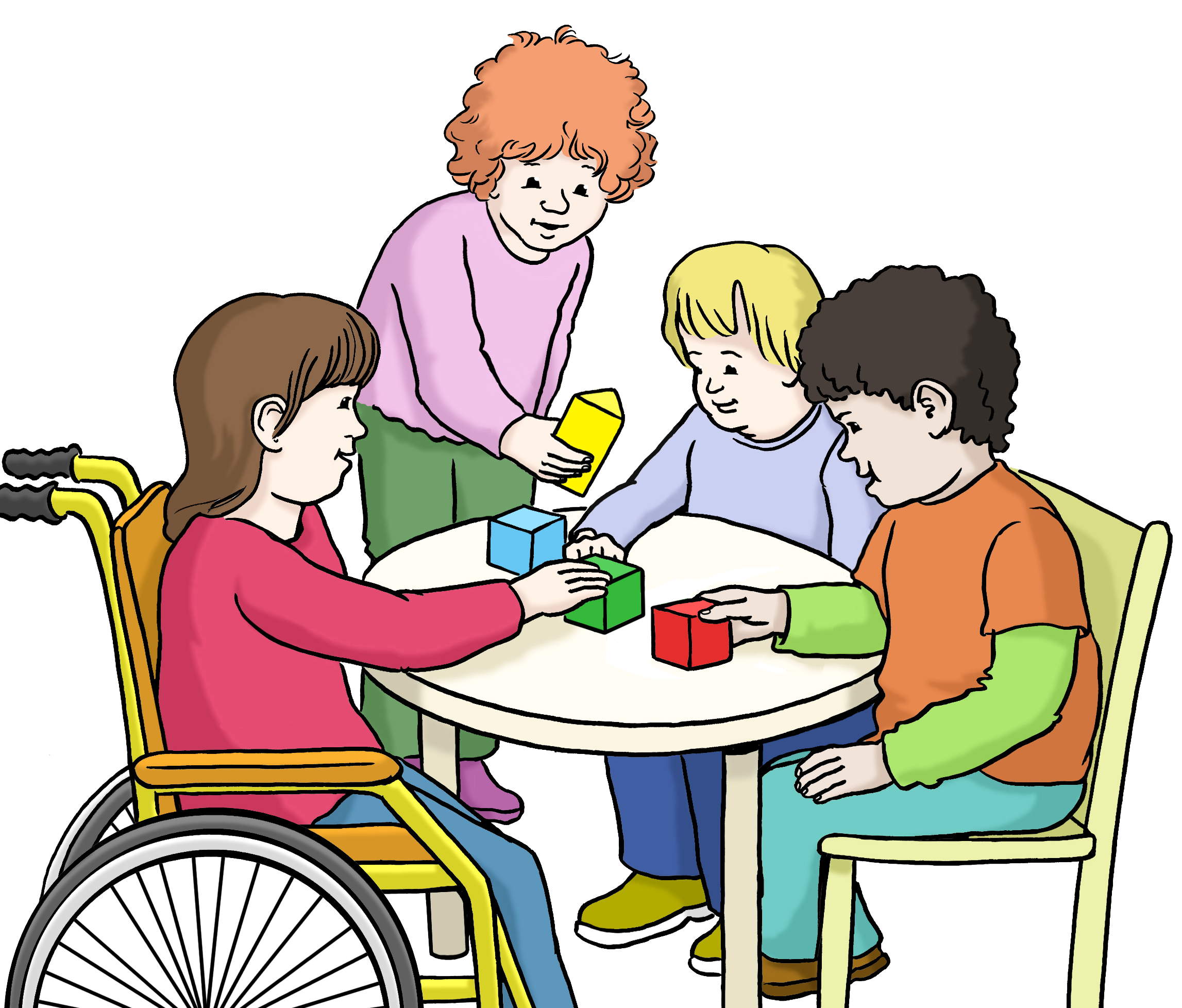 Leichte Sprache Bild: vier Kinder spielen mit Bauklötzen an einem Tisch.