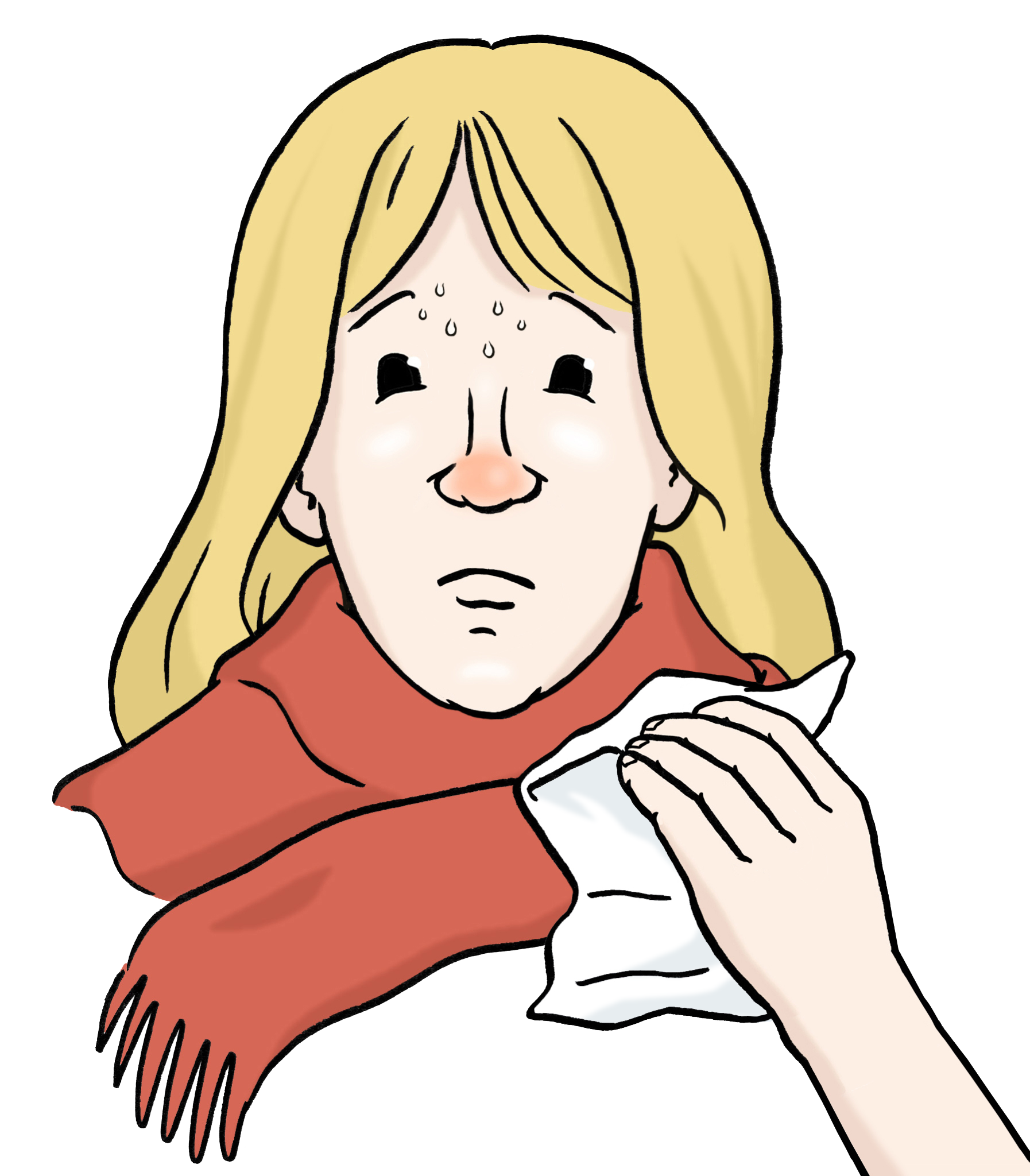 Leichte Sprache Bild: Eine Frau mit Schal, sie schwitzt und hat eine rote Nase