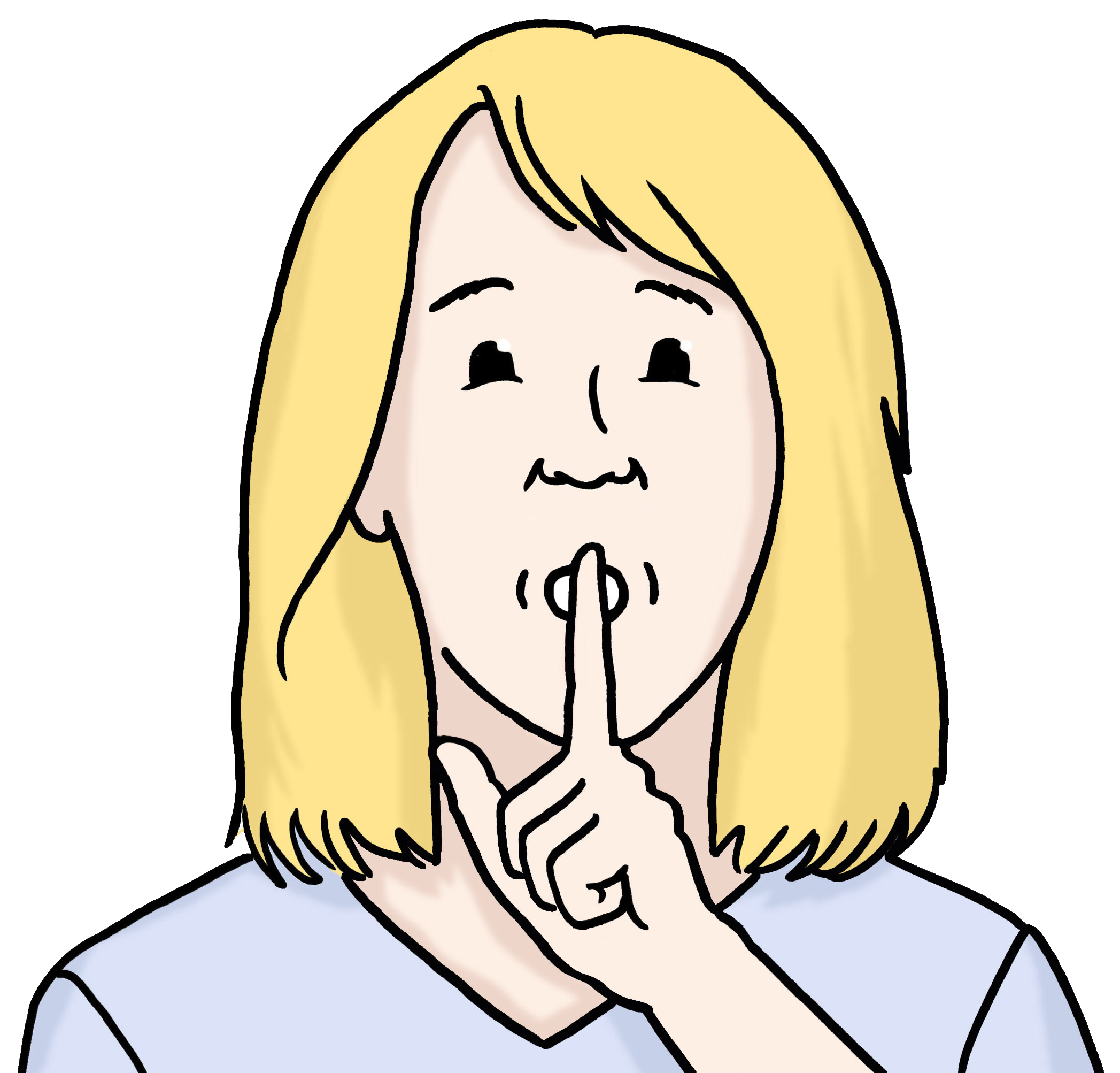 Leichte Sprache Bild: Eine Frau hält den Zeigefinger vor den Mund