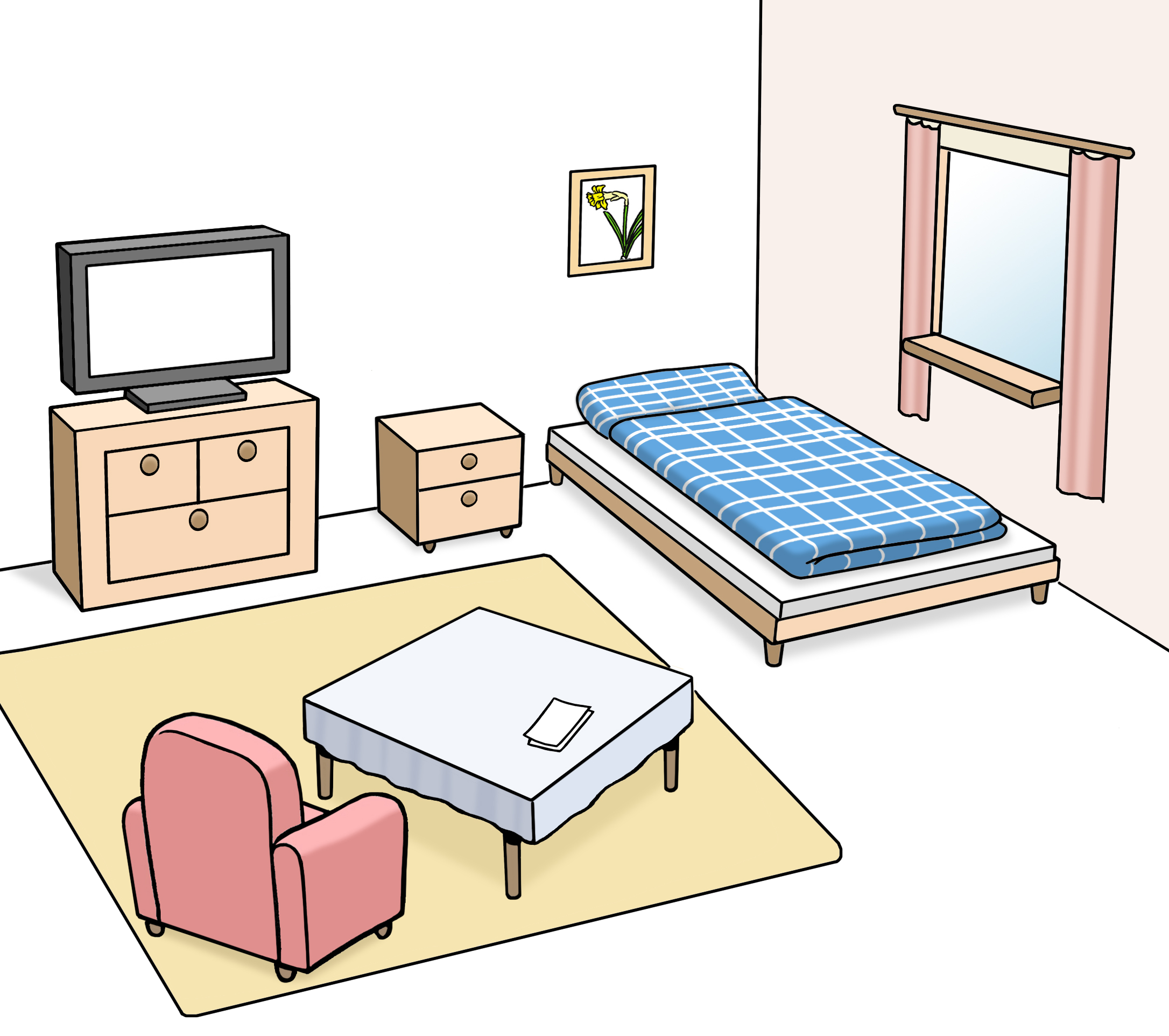 Leichte Sprache Bild: Ein Zimmer mit Bett, Fernseher, Sessel und Tisch