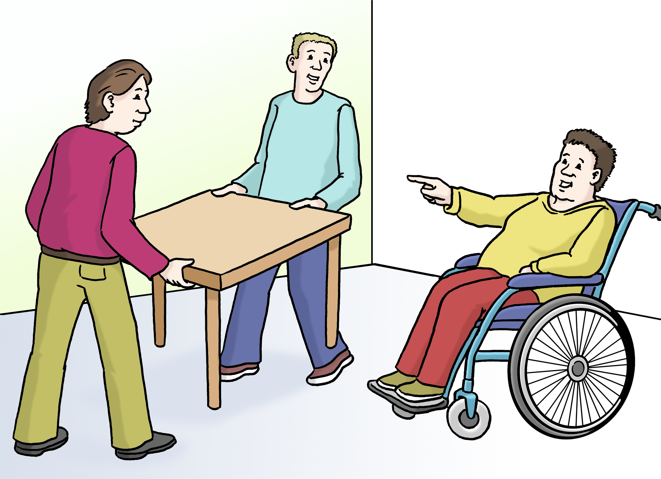Leichte Sprache Bild: Zwi Menschen tragen einen Tisch, ein Mann im Rollstuhl zeigt den Weg