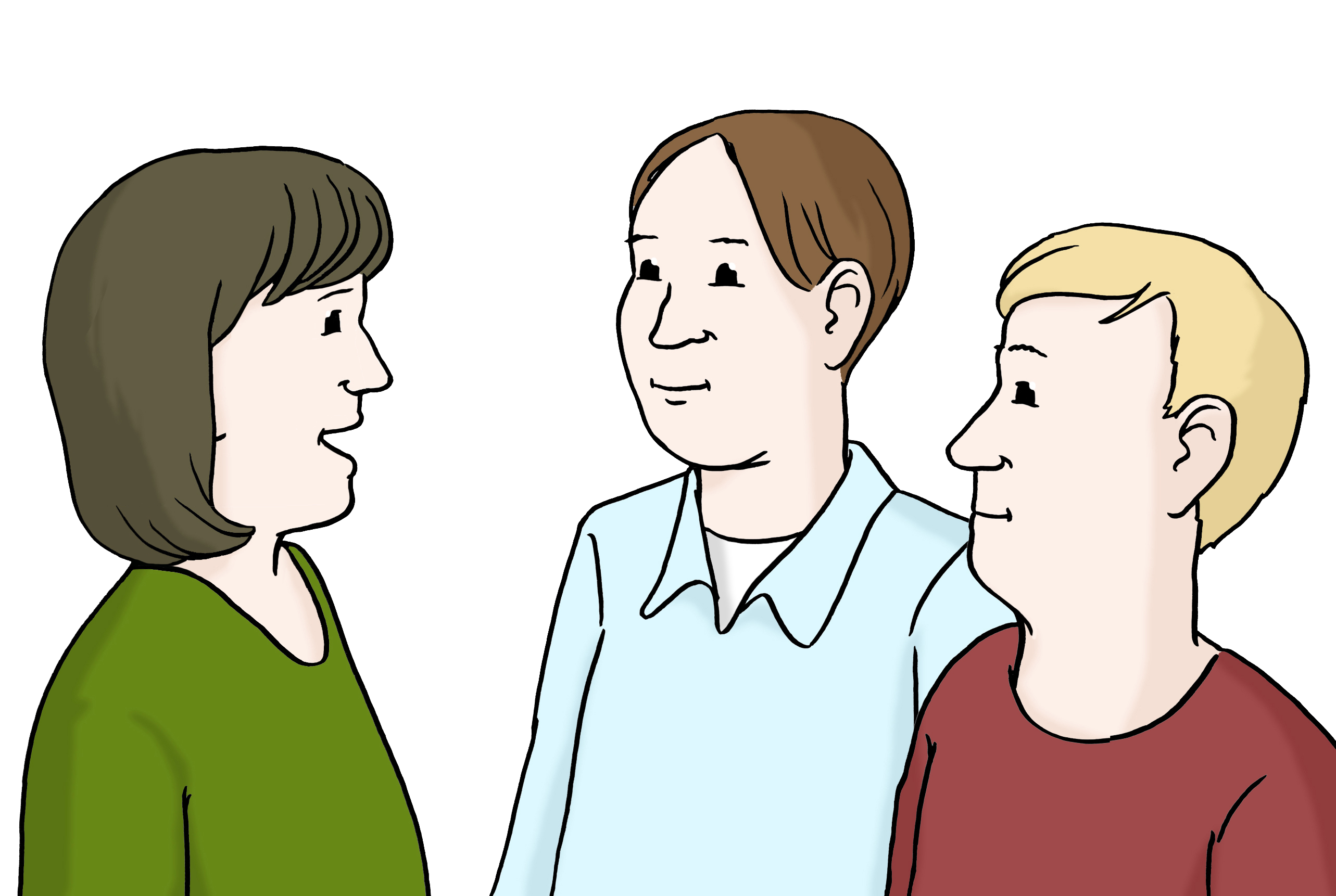 Leichte Sprache Bild: eine Frau spricht, zwei Männer hören ihr zu