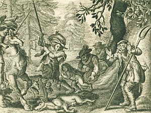 Ein Stich aus dem 17. Jahrhundert zeigt mehrere Edelmänner bei der Wolfsjagd