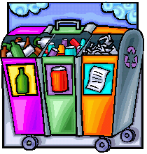 Grafik in bunten Farben: ein Müllcontainer mit je einem Fach für Glas, Plastik und Papier
