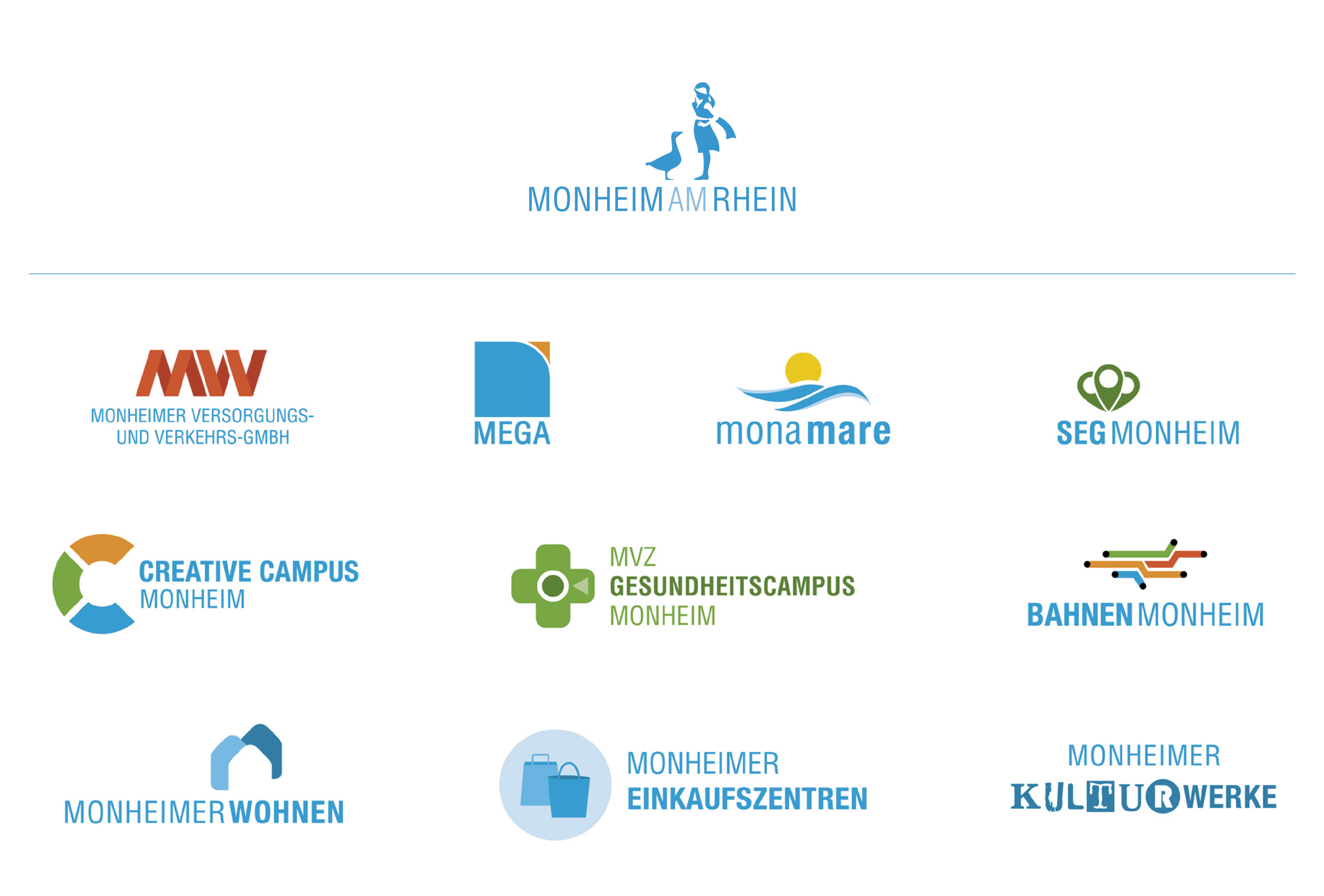 Die Logos der Monheimer Tochtergesellschaften von links nach rechts: MVV, Monheimer Einkaufszentren, Bahnen Monheim, Mona Mare, Creative Campus, Monheimer Kulturwerke, SEG Monheim, Monheimer Wohnen, MEGA