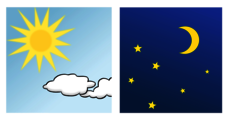 Leichte Sprache Bild: Links ein Bild vom Himmel mit Sonne am Tag, rechts ein Bild von Mond und Sternen bei Nacht