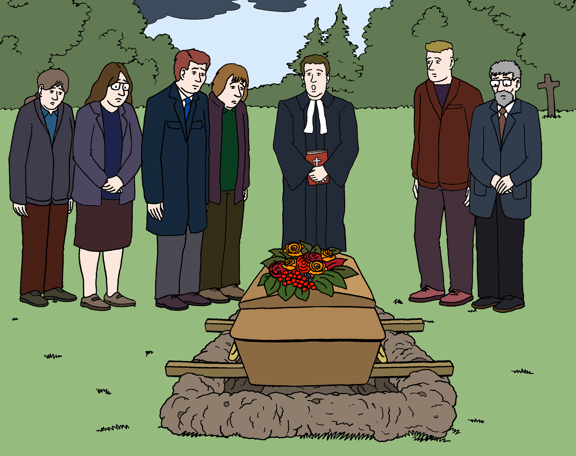 Leichte Sprache Bild: Eine Gruppe Menschen und ein Pastor an einem Grab mit einem geschmückten Sarg