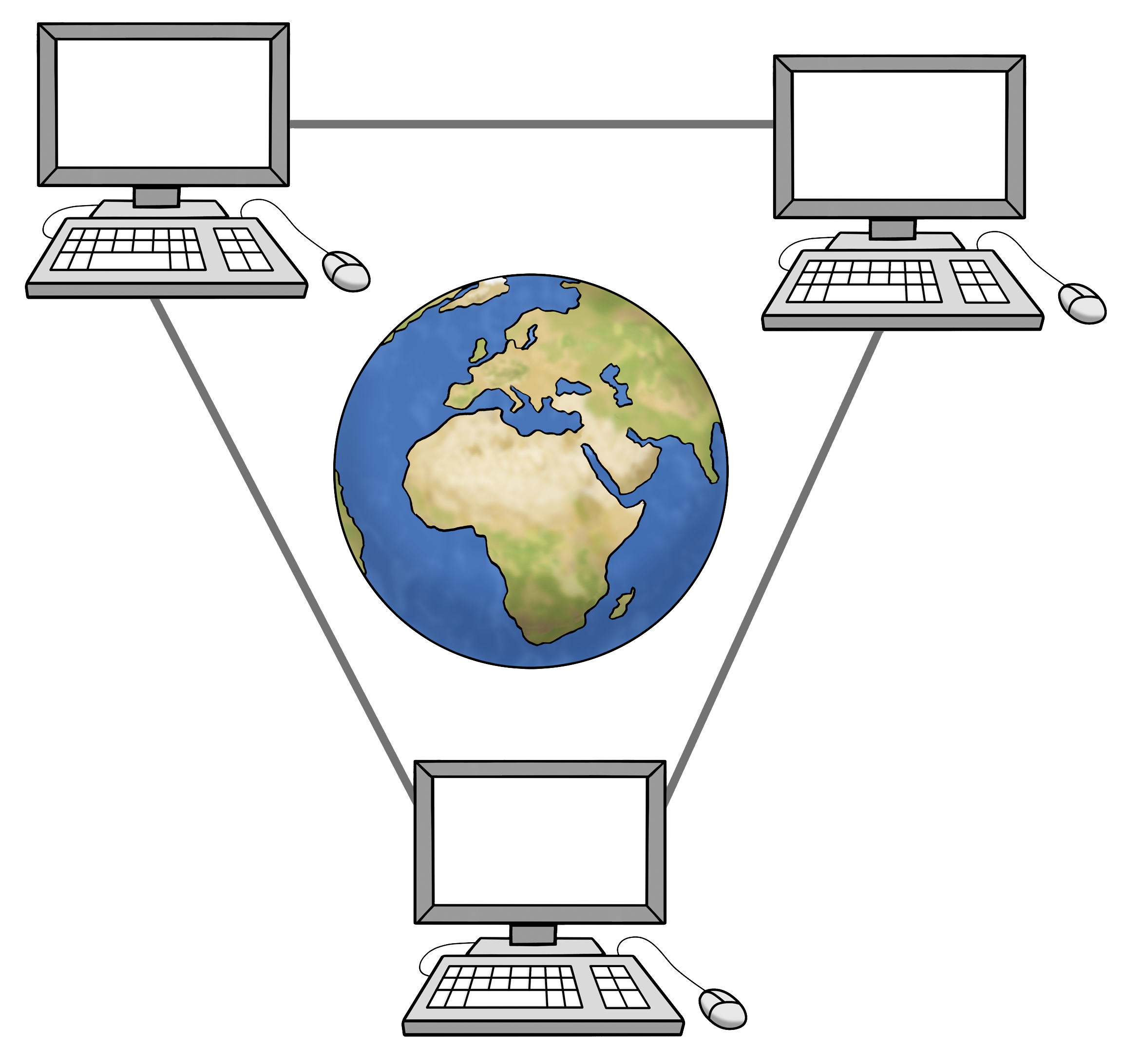 Leichte Sprache Bild: Mehrere Computer sind zu einem Netzwerk zusammengeschlossen, in der Mitte eine Weltkugel